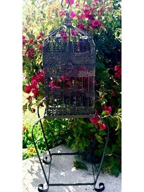 Vintage Black Wrought Iron Bird Cage With Stand Garden Cottagecore 40” Tall